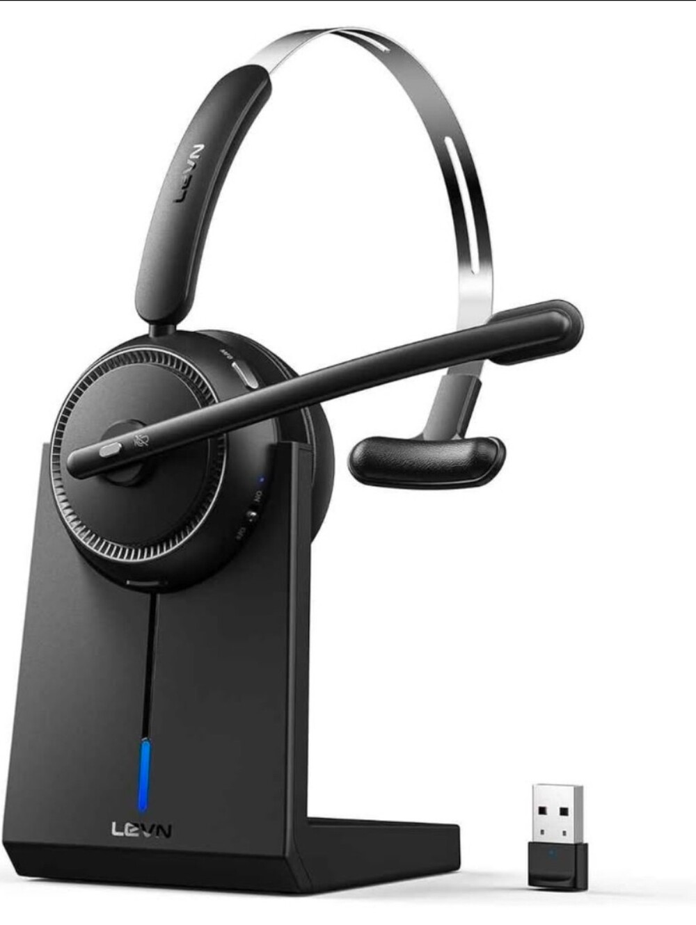LEVN Wireless Headset w/ Mic Noise Cancelling 65H Battery Charging Base NEW